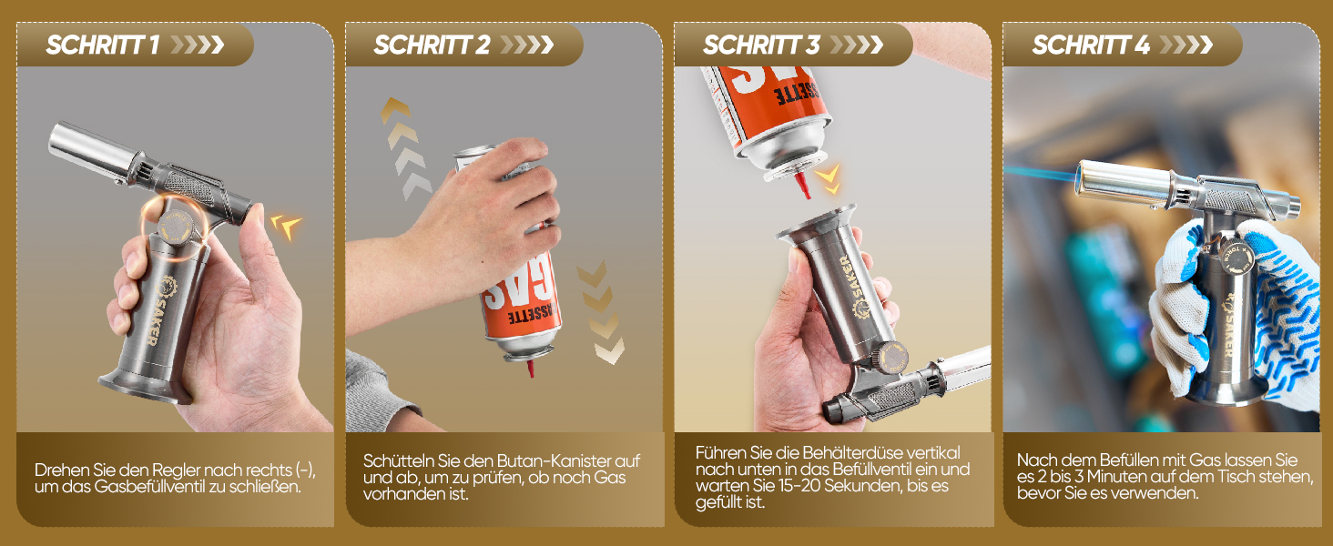 Професійний газовий пальник-фламбе SAKER для кулінарних страв та DIY: бутановий пальник з п'єзорозпалом для крем-брюле, паяння та рукодія, сріблястий