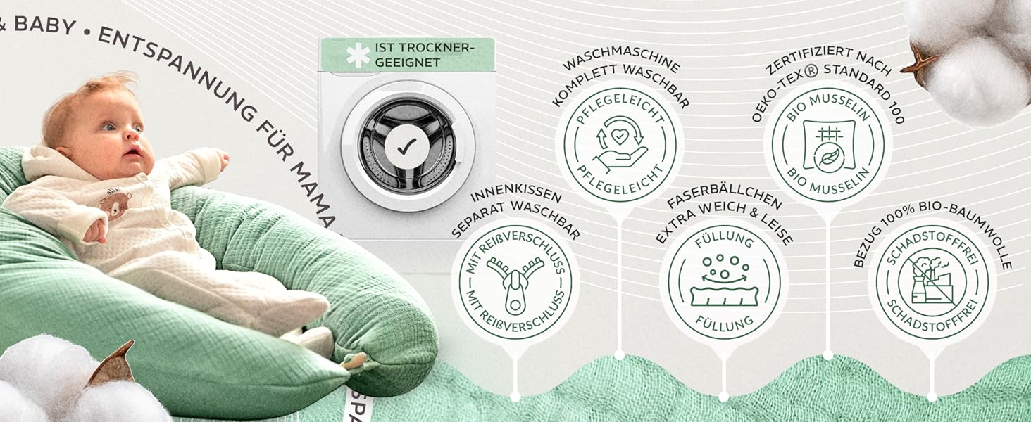 Подушка для годування sei Design XXL 190x30 см з мусліновою наволочкою, ергономічна, для вагітних, для сну на боці, комфортна подушка для дорослих, наволочка з 100% бавовни [органічна бавовна]