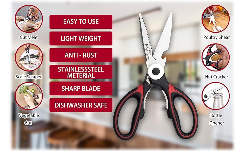 Кухонні ножиці з нержавіючої сталі з захисною кришкою та ергономічною м'якою ручкою, мультифункціональні ножиці для птиці, м'яса, трав та овочів Red