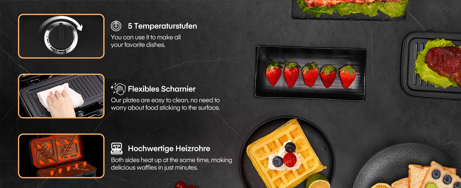 Sandwichmaker 1200W 3-в-1: сендвічниця, вафельниця, контактний гриль з регулюванням температури та антипригарним покриттям | LED-дисплей, нержавіюча сталь/чорний