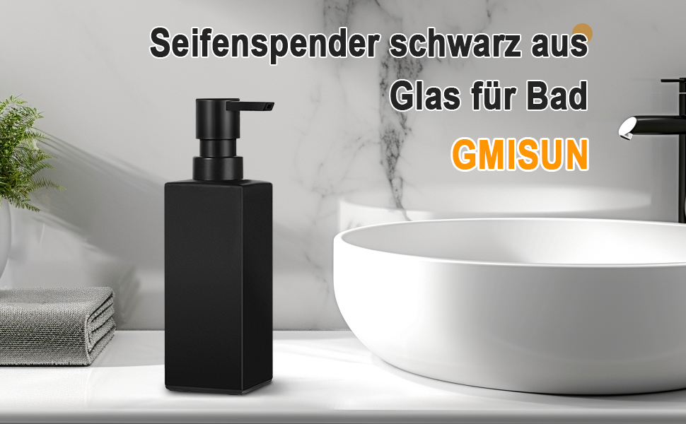 Диспенсер для мила GMISUN для ванної кімнати та кухні, 350 мл, чорний скляний, з піддоном та водонепроникними етикетками