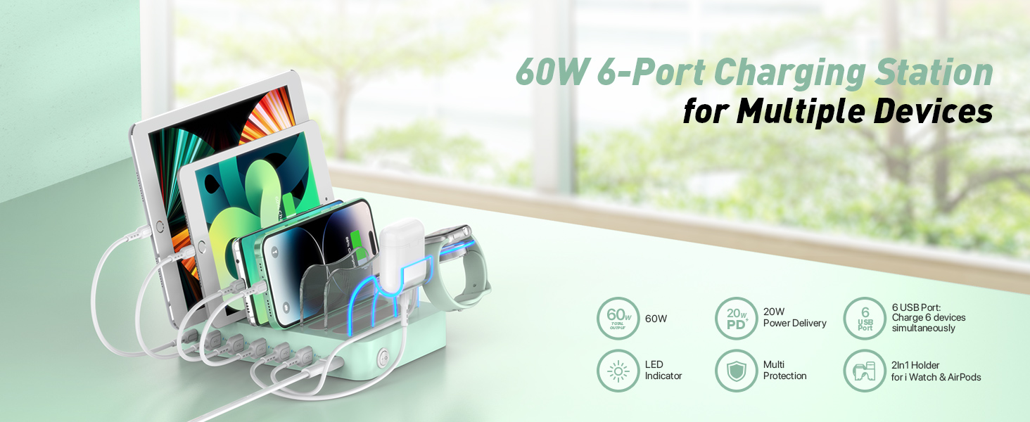 Зарядна станція SooPii USB 60W/12A, 6 портів, органайзер для декількох пристроїв з тримачем для Apple Watch, 6 кабелів для телефонів, планшетів та інших електронних пристроїв. Зелена