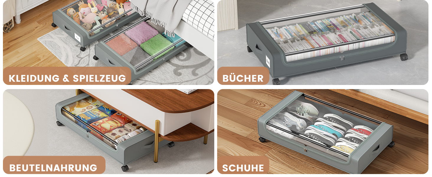 Коробки для зберігання під ліжко PHINOX з роликами, сірі, 2 шт (74x42x16 см) - коробки-органайзери для одягу, взуття, іграшок з прозорою кришкою