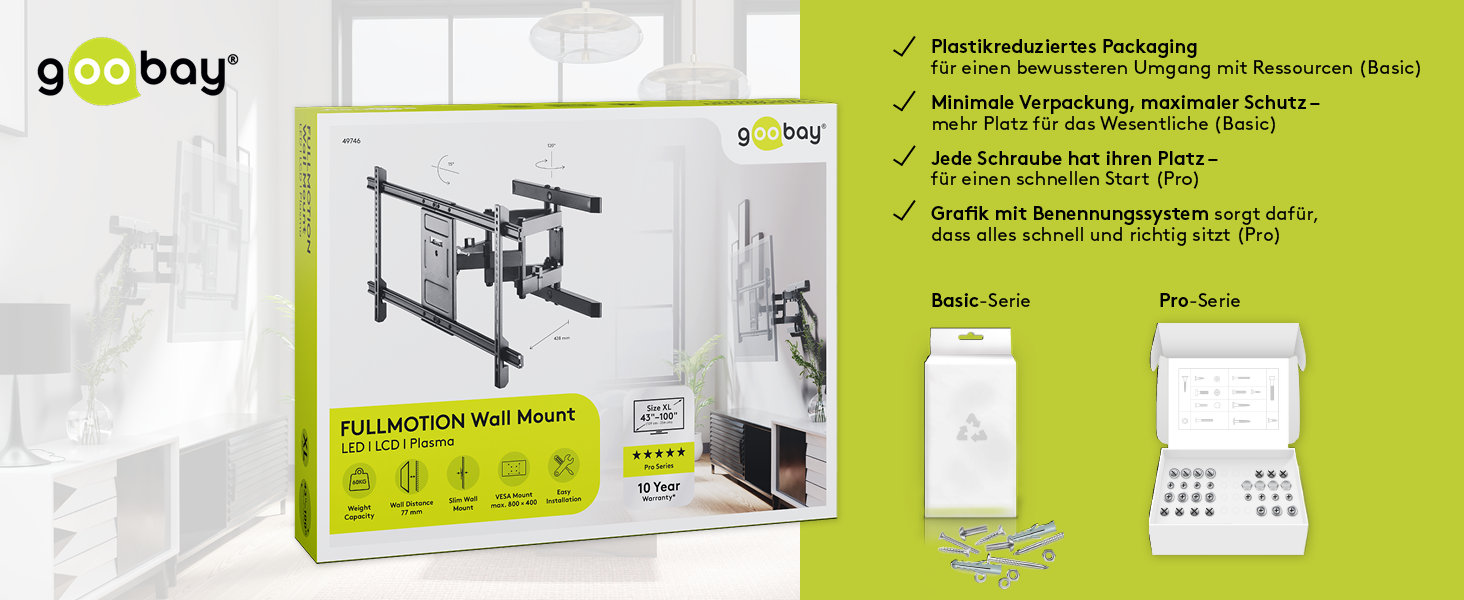 Кріплення для телевізора Goobay TV-Wandhalterung Pro FULLMOTION (XL) – для телевізорів 43-100 дюймів, поворотне, нахильне, максимальне навантаження 60 кг, VESA 800x400, висувний кронштейн, інтегроване кабельне управління, чорний
