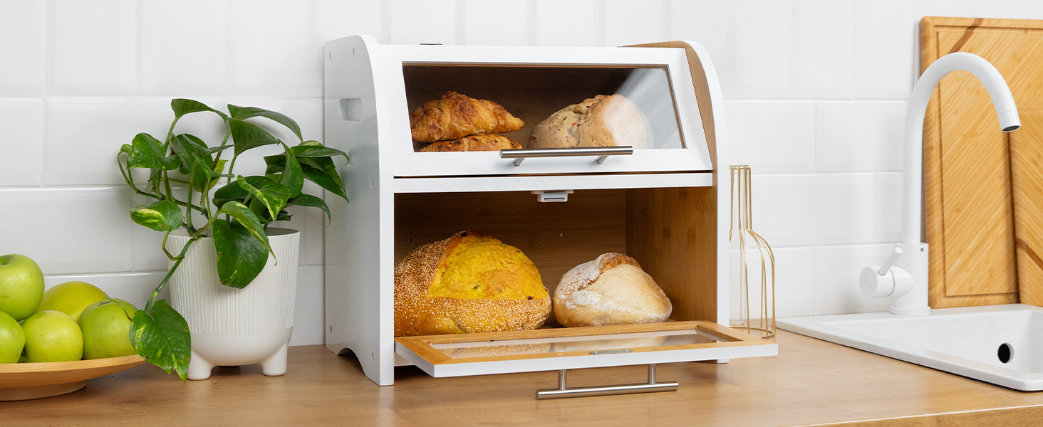 Бредониця Arise з вентиляцією, велика для зберігання хліба, 2 полиці та вікно, дерев'яна для хліба, булок, зберігання. 40 x 26 x 37, бамбук White, самостійна збірка