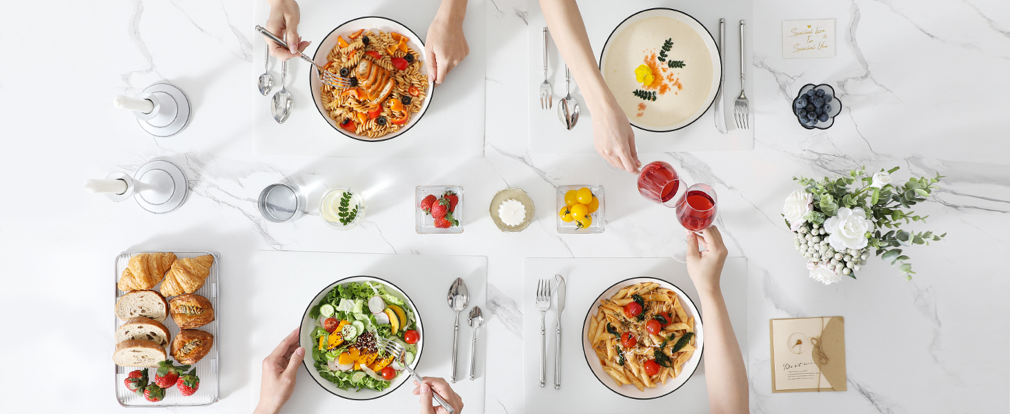 MALACASA Набір посуду 6 предметів: тарілки для пасти, супу, салату, сервірування. Глибокі тарілки для спагеті, велика супова миска. 1250 мл, білий з чорним обідком.