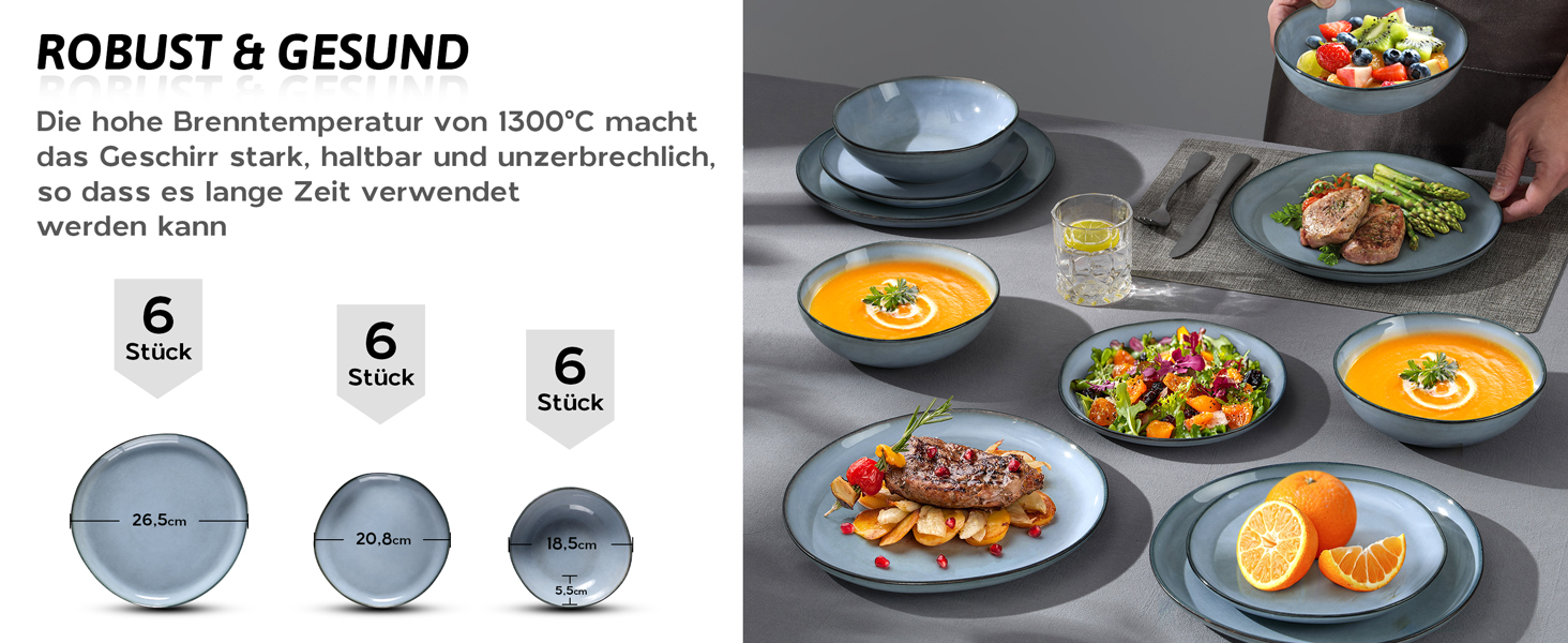 Сервіз Joyfair на 6 осіб, 18 предметів, керамічний, з тарілками для їжі, десерту та каші, безпечний для мікрохвильовки та посудомийної машини, колір: реактивний синій