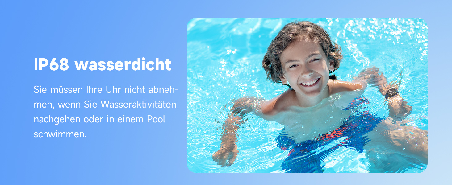 Смарт-годинник BIGGERFIVE для дітей, 1.8' екран, фітнес-трекер з підрахунком кроків, пульсометр, моніторинг сну, будильник, 5 ігор, водонепроникність IP68, ремінець з нейлону блакитного кольору