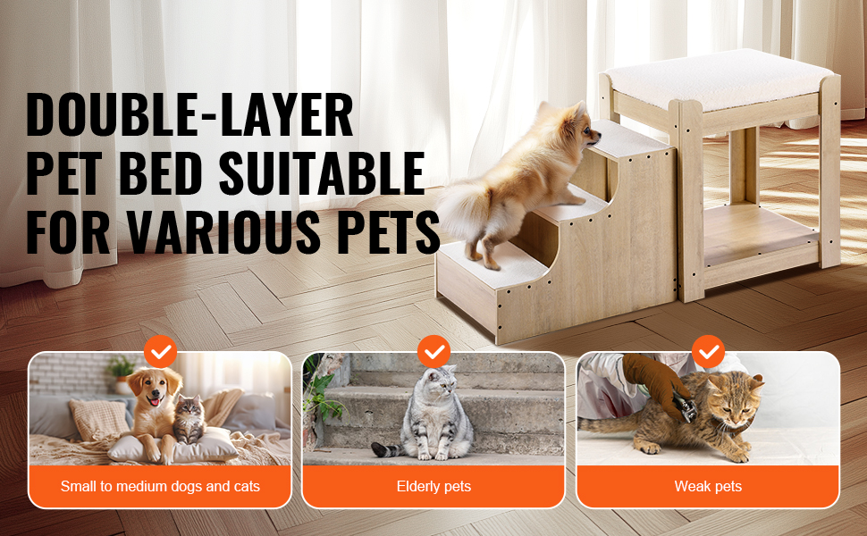 Багатоярусне ліжко для тварин VEVOR з драбиною, місцем біля вікна для собак/кішок, багатоступеневе ліжко, лежанка для собак, платформа з м'якими подушками, лежанка для домашніх тварин 120x50x65 см (Бежевий)