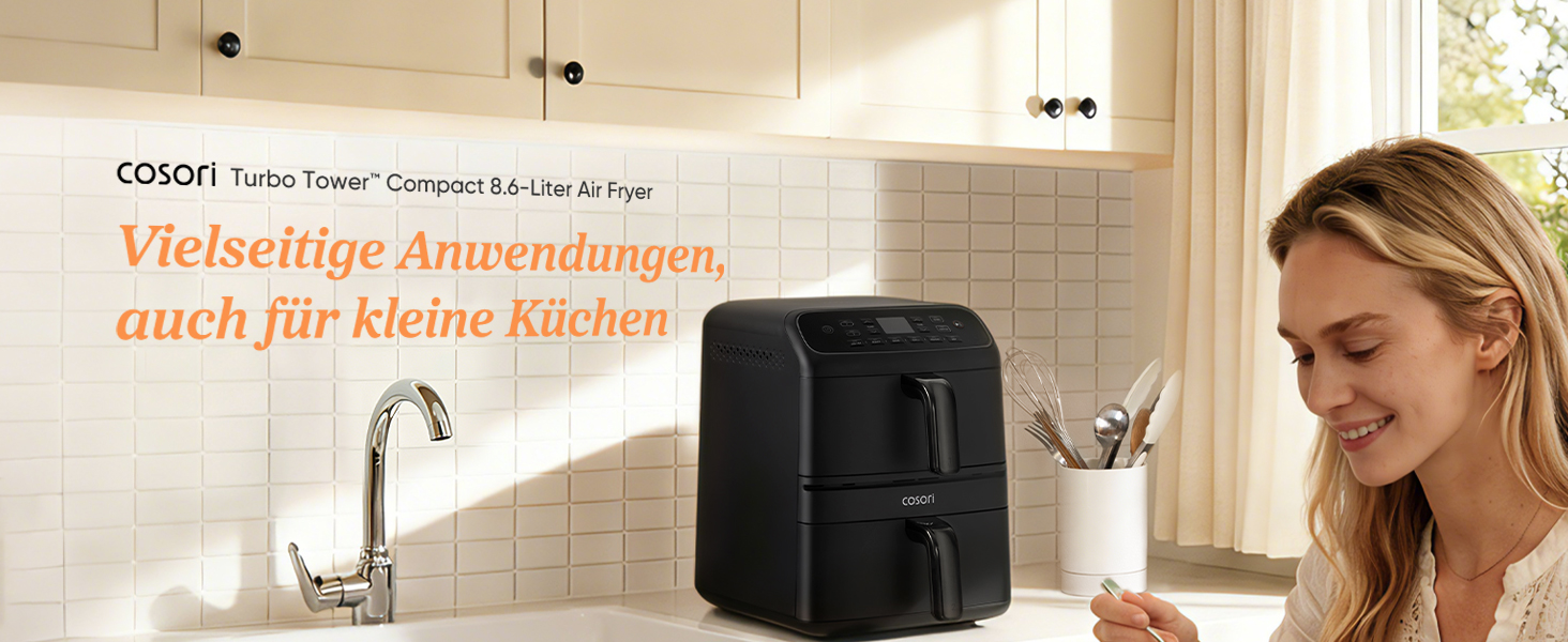 COSORI Airfryer Turbo Tower Compact 8.6L: Фритюрниця з двома камерами, керамічне покриття, 2700W, чорна