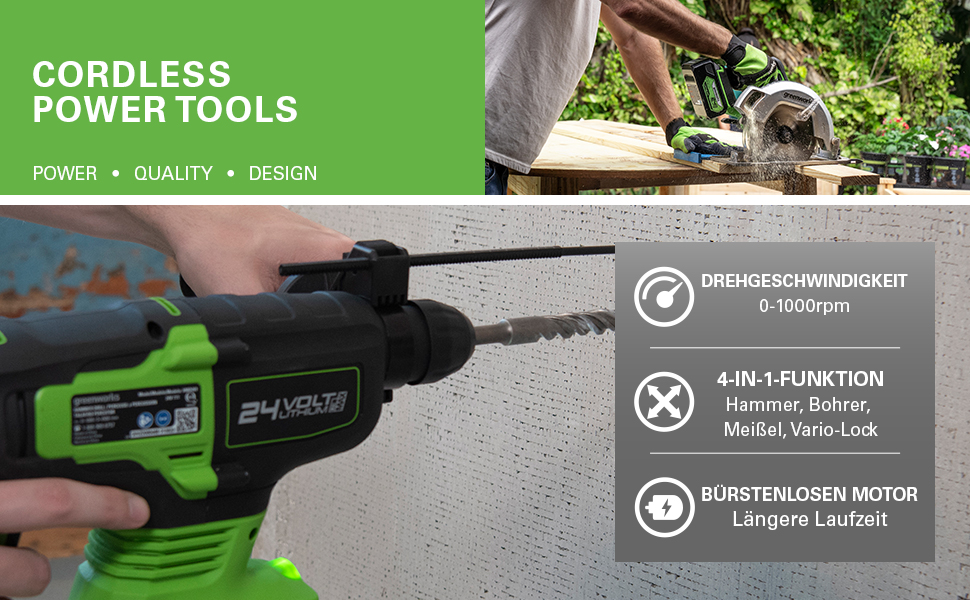 Greenworks GD24SDS2 акумуляторний дриль-ударний SDS з безщітковим мотором, 0-1000 об/хв, 0-4500 уд/хв, 2 Дж енергії удару, БЕЗ акумулятора 24V та зарядного пристрою, 3 роки гарантії, SDS-ударний свердло 2J