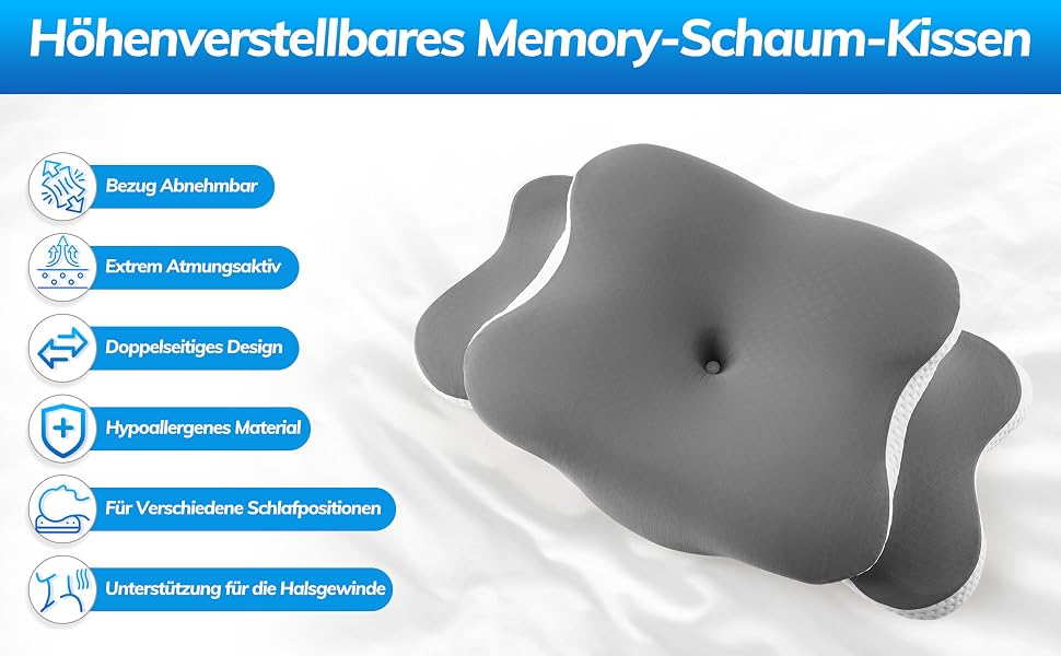 Ортопедична подушка з піни Memory Foam для сну на боці, спині та животі. Зменшує біль у шиї та голові, дихаюча та знімний чохол.