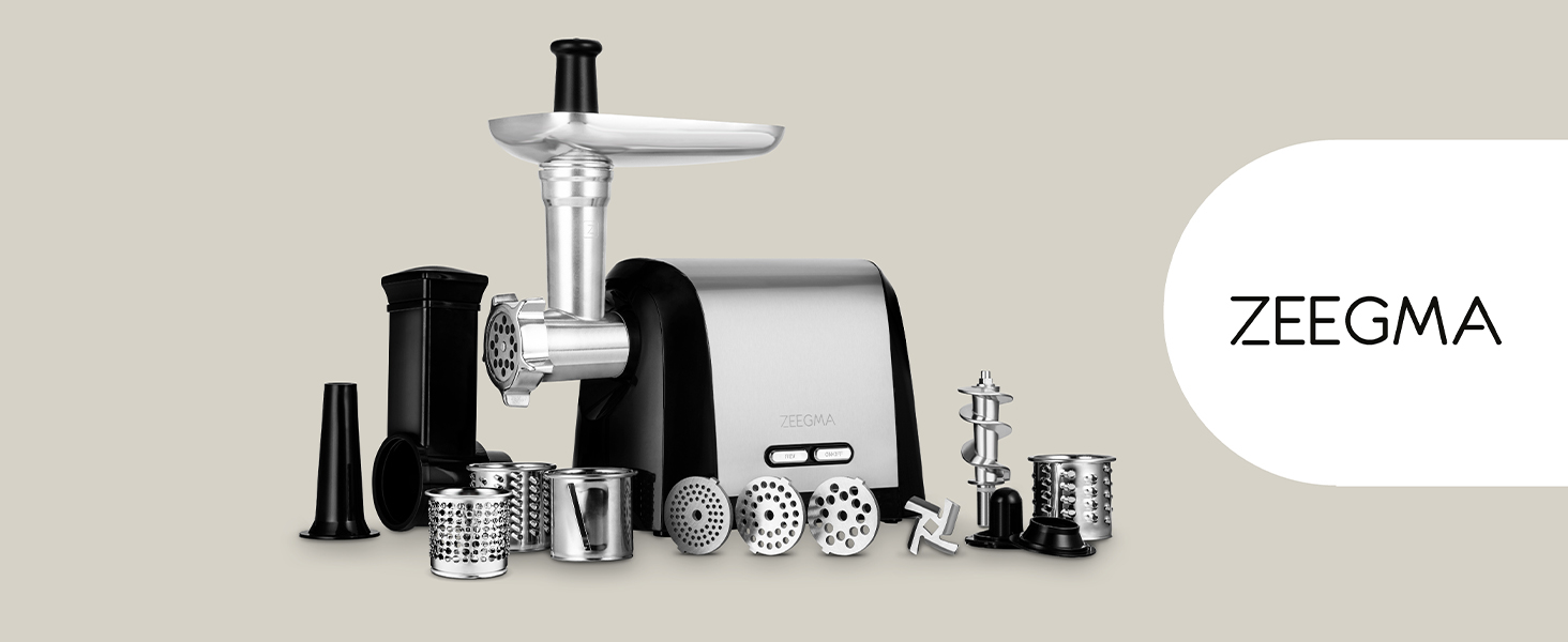 ZEEGMA Electric Meat Grinder - 1900W, Stainless Steel Plates, 3kg/min, Sausage Maker, Kubbe Maker, Chopping, Dicing, REV Function, Accessory Set - Silver