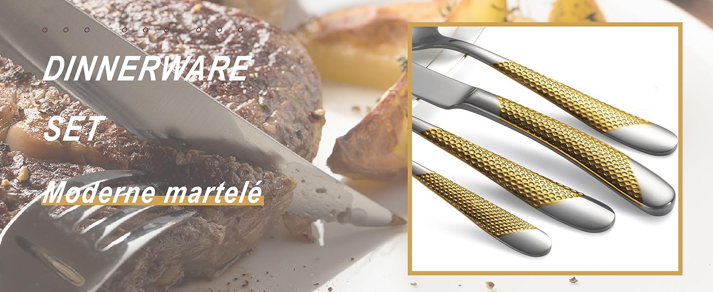 Сучасний набір столових приборів SHEUMNT 24 шт. з нержавіючої сталі 18/10 (золото, срібло) з гострим ножем 2-в-1, набір столових приборів для 6 осіб