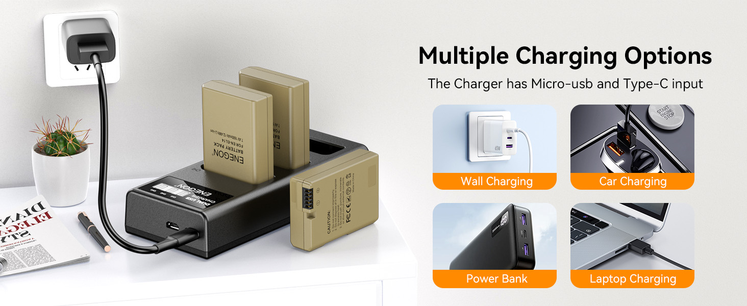 Запасний акумулятор ENEGON EN-EL14/EL14a (2 шт.) та смарт-LED зарядний пристрій Dual USB для Nikon DSLR D3100, D3200, D3300, D3400, D3500, D5100, D5200, D5300, D5500, D5600, DF, Coolpix P7000, P7100, P7700, P7800 (2 акумулятори + зарядний пристрій)