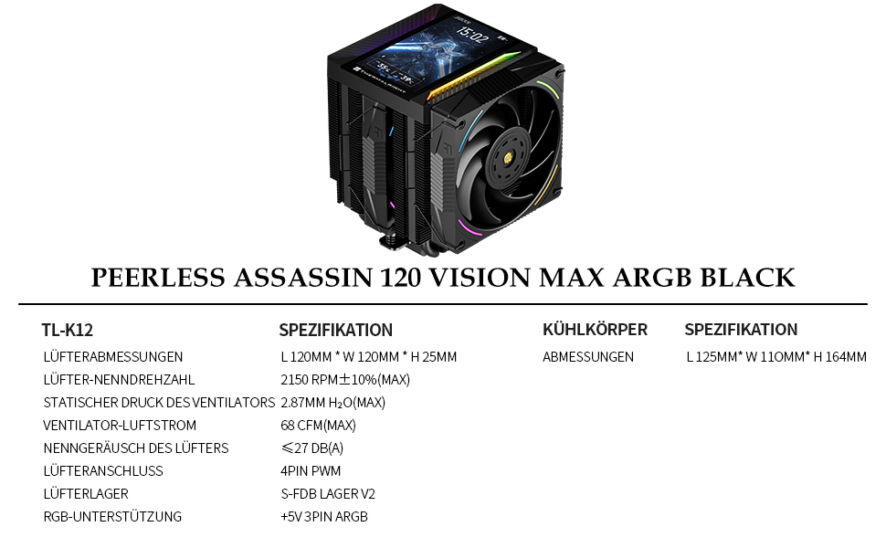 Кулер для процесора Thermalright Peerless Assassin 120 VISION MAX ARGB Black, 2 вентилятори TL-K12 PWM, 5