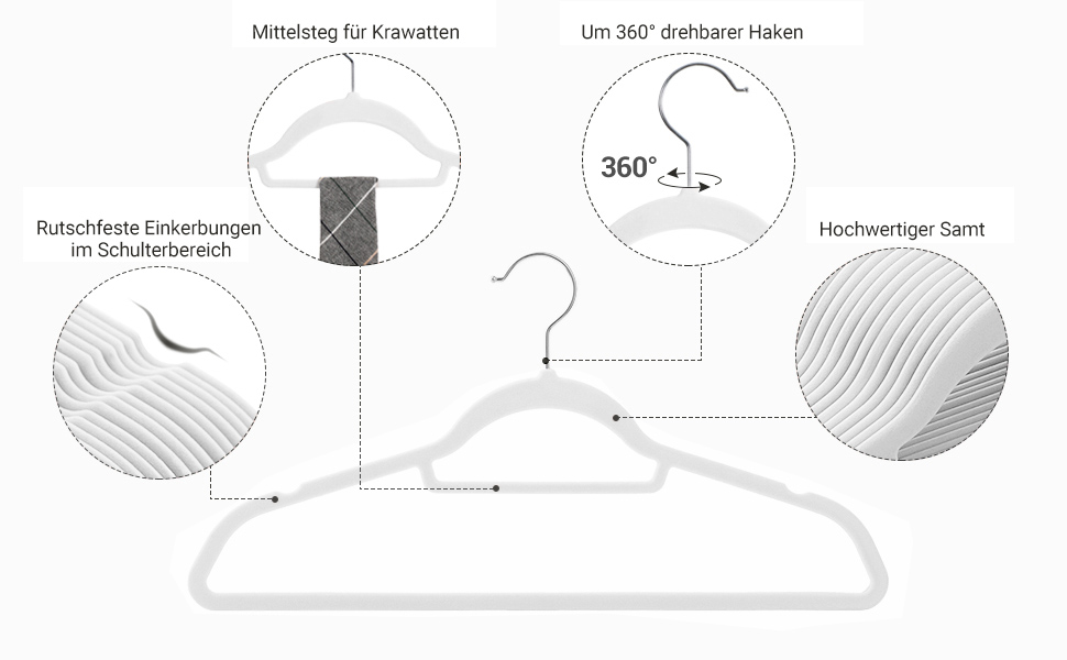 Плечики для одягу SONGMICS, велюрові, 50 шт., для пальто, штанів, краваток, обертовий гачок, 43,5 см, срібно-білий