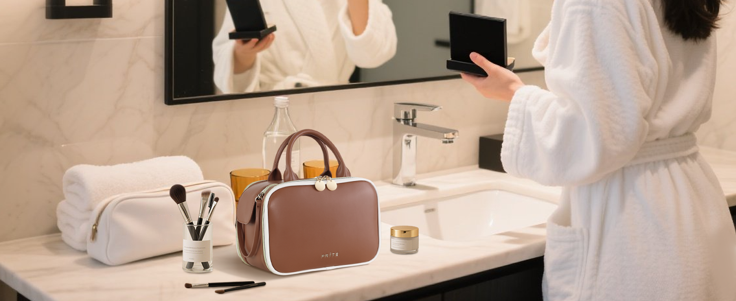 Косметичка для макіяжу Prite з великою місткістю, водонепроникна, з ручкою та кількома відділеннями, бежево-коричнева