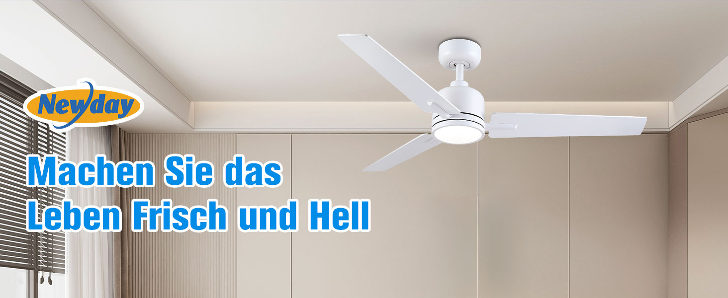 Стеля вентилятор Newday 122см з підсвічуванням та пультом керування, тихий, DC мотор, реверс для спальні/вітальні (білий, дерево)