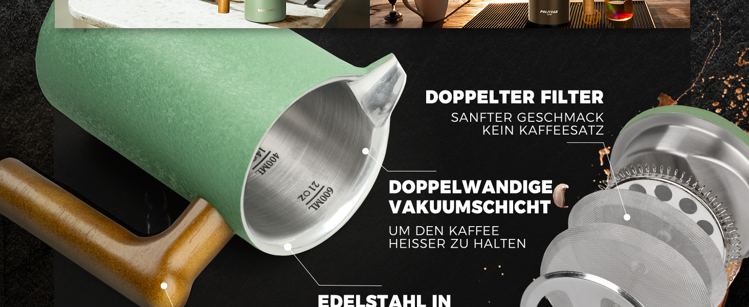 Френч-прес Poliviar 1 л / 8 чашок, з подвійними стінками, ізольований, для кави та чаю, з дерев'яною ручкою, Flatland (зелений)