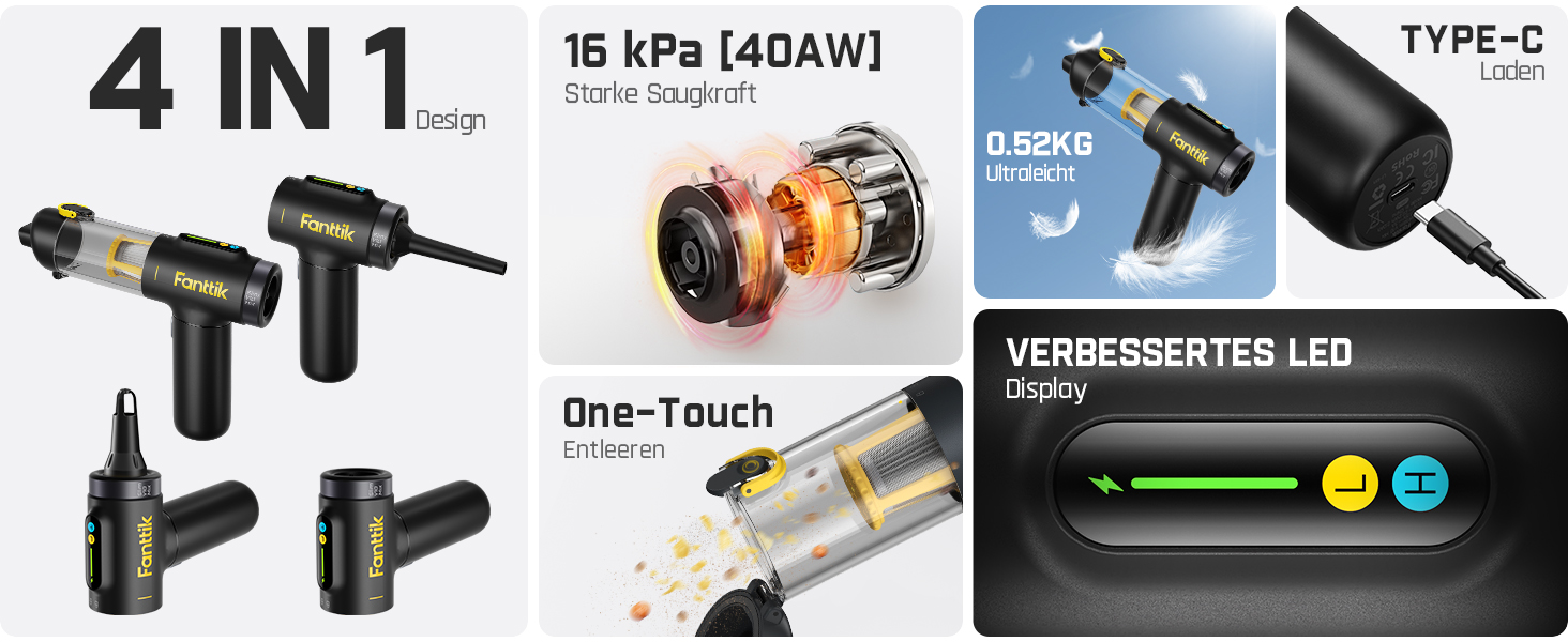 Бездротовий пилосос Fanttik Slim V10 Mix 4-в-1: ручний, для авто, офісу, клавіатур, LED-дисплей, 16 kPa, міні-пилосос