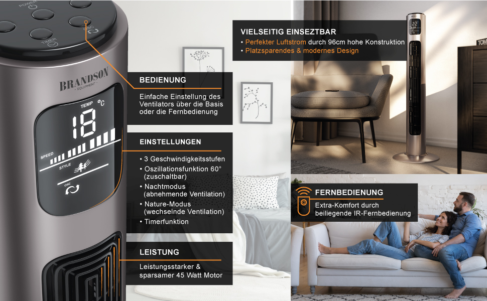 Вентилятор підлоговий Brandson з пультом дистанційного керування, 96 см, титаново-сірий. Обертання 60°, 3 швидкості, мобільний, колона