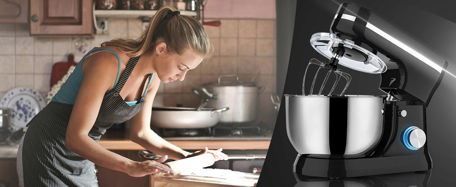 Кухонна машина Retoo 3-в-1 з нержавіючою чашею 6 л, 2000 Вт, 6 швидкостей, планетарний міксер, гак для тіста, вінчик, захист від бризок, кухонний комбайн, планетарна міксер, тістоміс