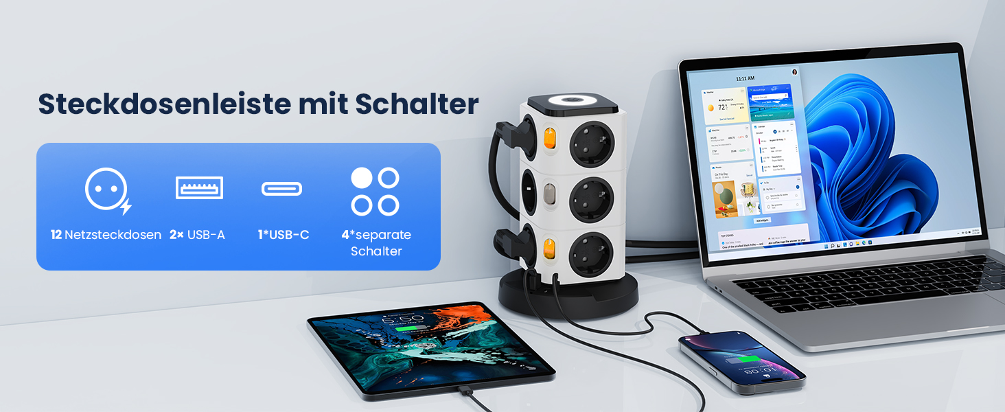 Багаторозетка Acodot Tower з USB, 12 розеток, захист від перенапруги, 4 вимикачі, нічник, 3 USB порти, кабель 3м, 2500W, для офісу, білий