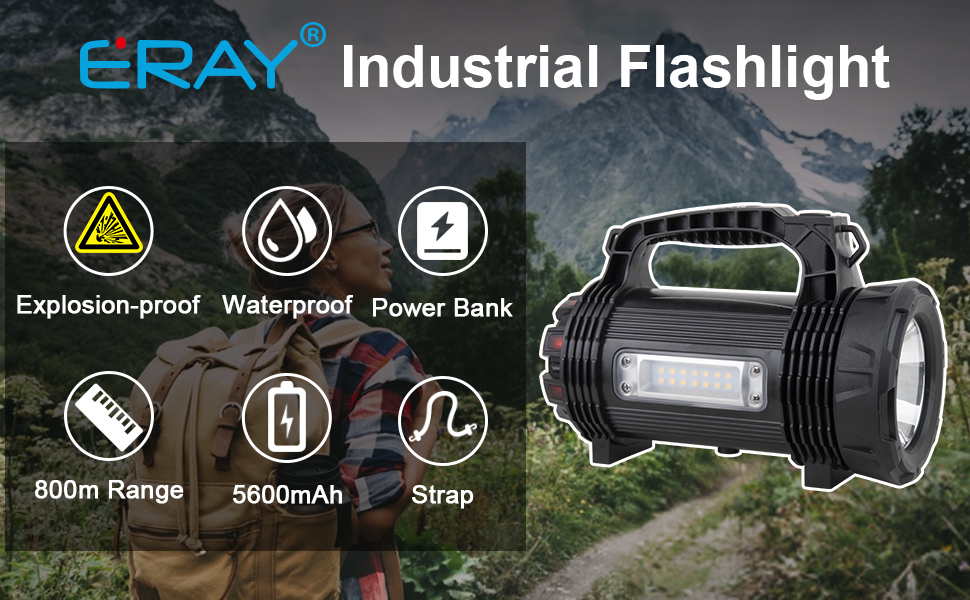 ERAY LED ліхтарик 11000 лм, ручний прожектор, акумулятор 9600mAh, 6 режимів, IPX4 водонепроникний, Power Bank, потужний ліхтар для кемпінгу, туризму, надзвичайних ситуацій, активного відпочинку (8 режимів - 3000 лм)