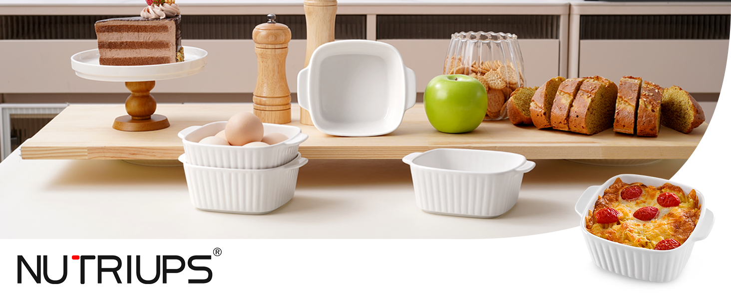Набір форм для запікання NUTRIUPS 400мл (4 шт.) з кераміки, 14.5 x 11.5 x 5.5 см, квадратні, з ручками, для духовки та мікрохвильовки (білі)