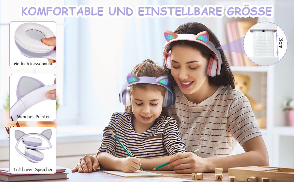 Дитячі навушники AXFEE з Bluetooth, Over-Ear, котячі вушка, LED-підсвітка, мікрофон, Micro SD/TF, рожеві