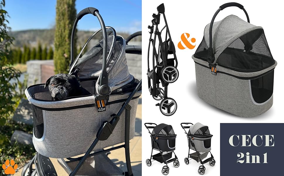 Візок-переноска для собак 2-в-1 CECE | Складаний візок з кошиком для покупок | Сірий меланж