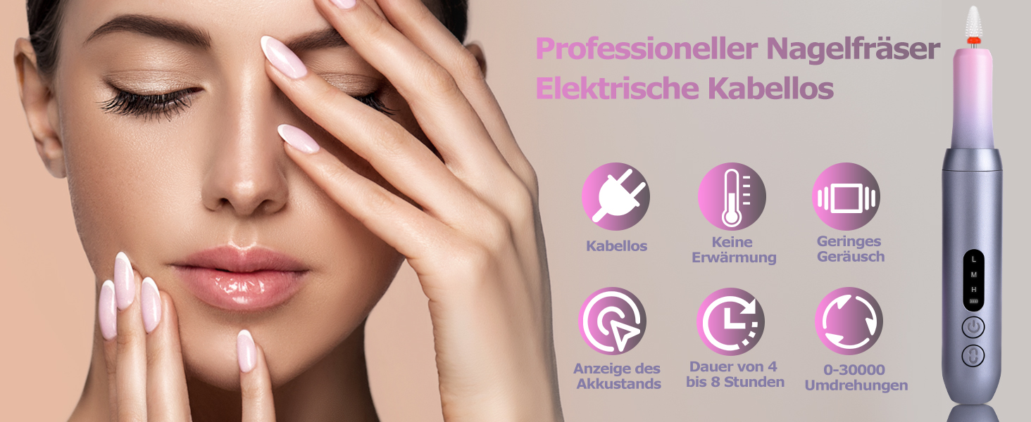 Електричний набір для манікюру та педикюру Nagelfräser: набір для шліфування, полірування та видалення гель-лаку, USB, 30000 об/хв, 3 швидкості, LCD-дисплей, сірий та рожевий