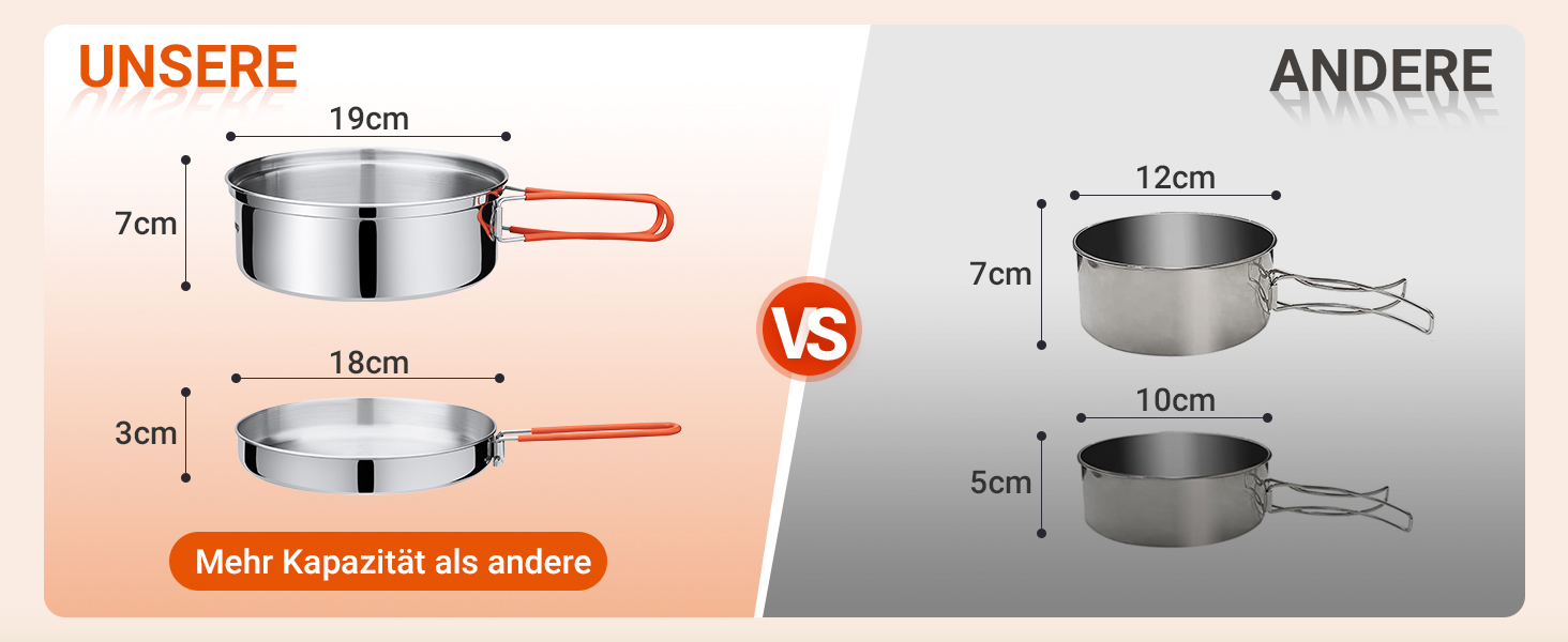 Набір посуду для кемпінгу KingCamp на 2-4 особи: нержавіюча сталь, складаний посуд, легко важить, набір каструль та сковороди для кемпінгу, 2 каструлі + 1 сковорода + столові прибори