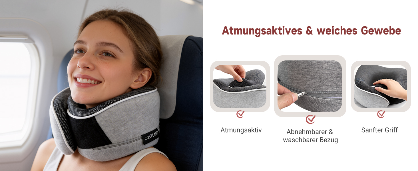 Подушка для подорожей COSYLAND з Memory Foam 360° - для літака та авто, з маскою для сну та берушами, сіра, ергономічна