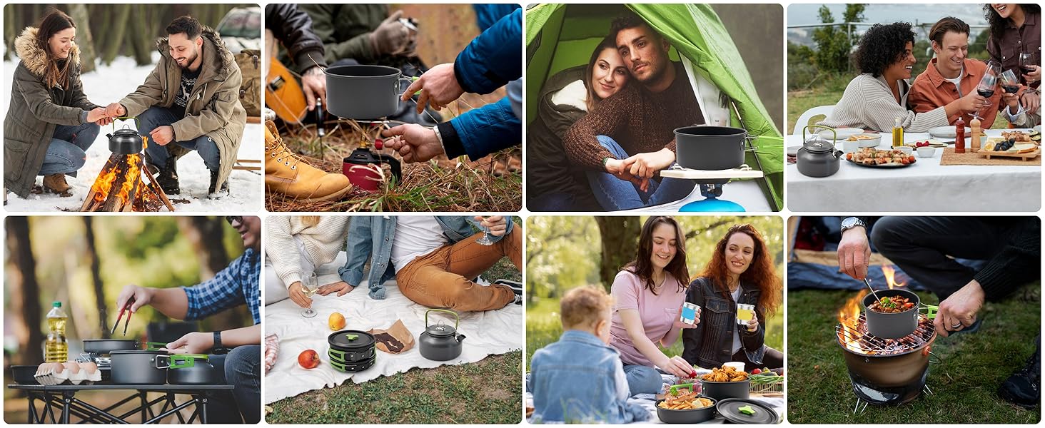 Oushome 16-Piece Camping Cookware Set for 2 People - Portable Cooking Set with Pots, Pans, Kettle, Cups, Plates - Green