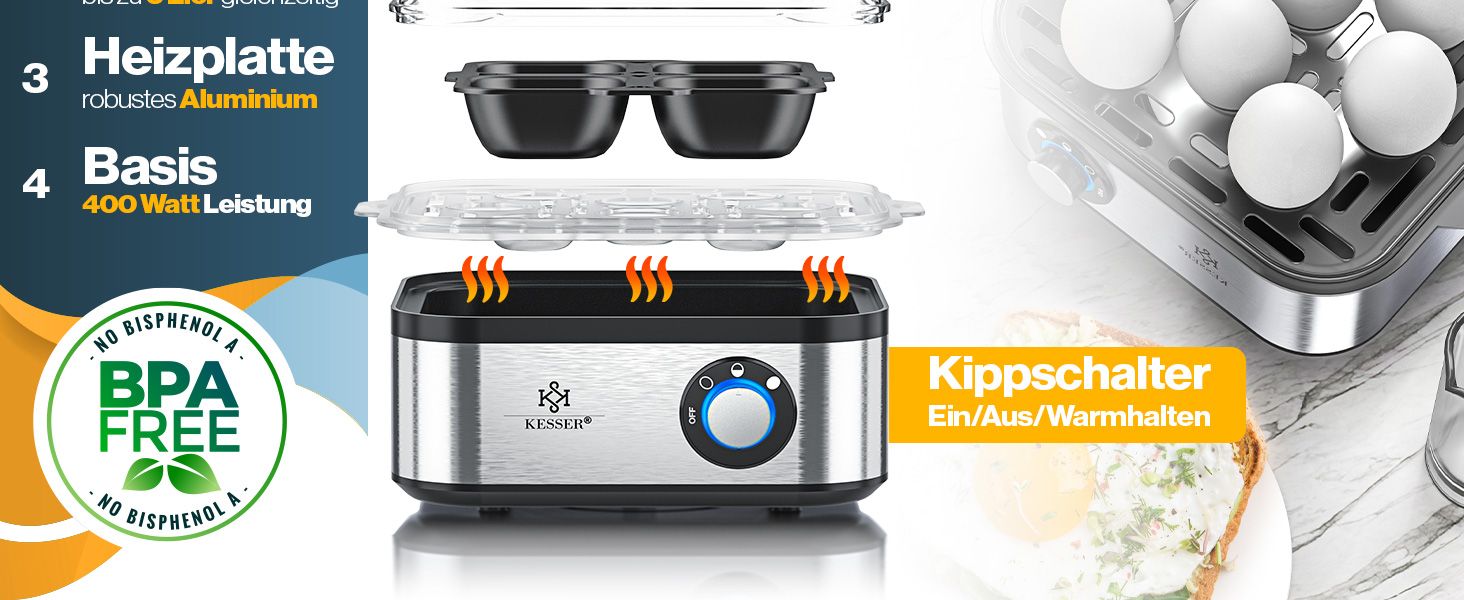Електричний яйцеварка KESSER® на 1-8 яєць з нержавіючої сталі, 500W, з функцією підігріву, LED-регулятор, 3 ступені нагріву, BPA-Free, придатний для миття в посудомийній машині, мірний стакан, тримачі для яєць та форма для омлету, колір: антрацит