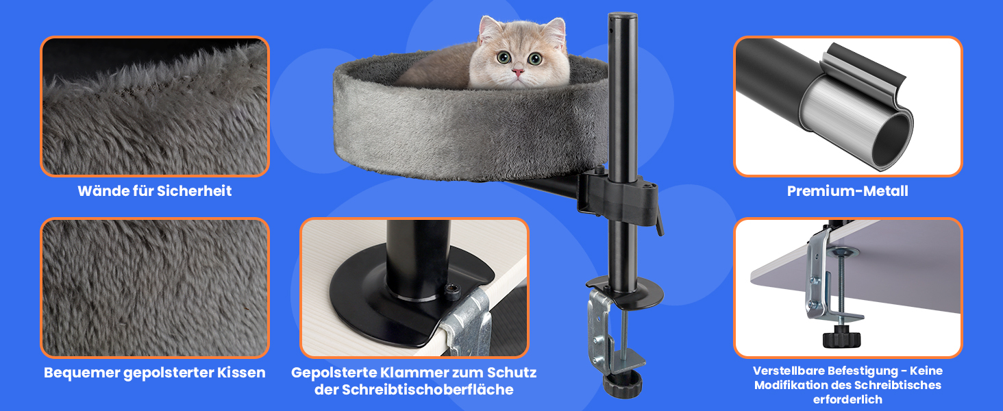 BSWAY Крісло-гніздо для кота на стіл - Покращений 360° оберт, регульована висота, без свердління. Підвищене котяче ліжко над столом. Тримає кошеня/кота близько, робочий простір чистий. Крісло-ліжко для кота на стіл, темно-сірий колір, XL розмір