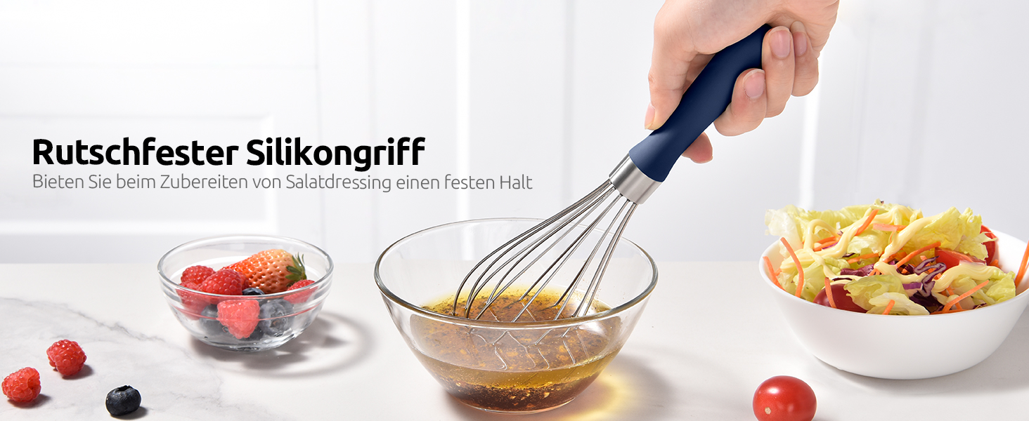 Міксер кухонний U-Taste, 30 см, нержавіюча сталь 18/10, 12 гнучких дротів, силіконовий грифель, для тіста та соусів, великий, колір: Місячна блакить