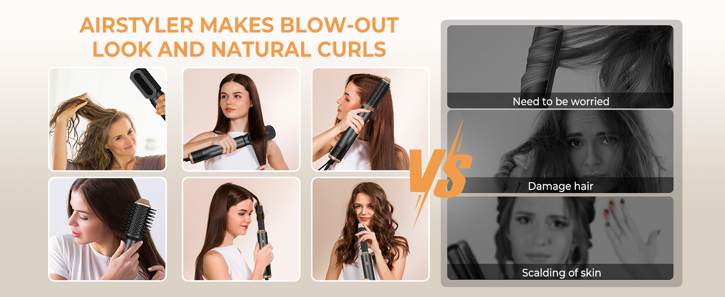 Фен-щітка 5-в-1 Airstyler Pro 1000W з регулюванням напрямку повітря, іонізація, для створення об'єму, локонів та укладки волосся (сірий)