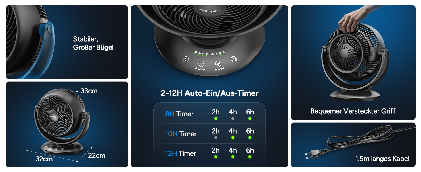 Вентилятор DR.PREPARE настільний, 25 dB, тихий, ефективне охолодження, 3 швидкості, таймер 2-12 годин, осциляція 90°, 10 дюймів