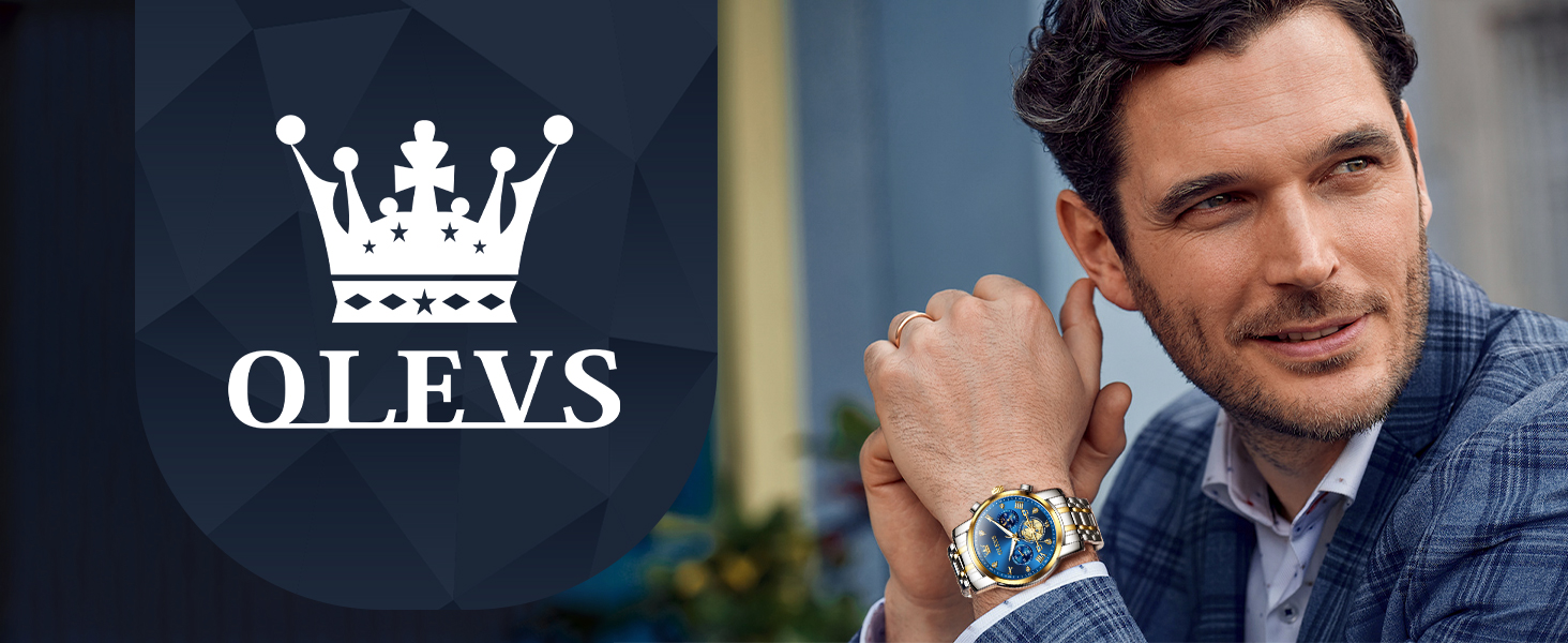 Чоловічий годинник-хронограф OLEVS: водонепроникний кварцовий годинник зі сталевим ремінцем (золото-срібло) та синім циферблатом, бізнес-стиль