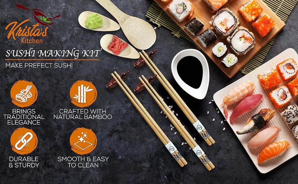 Набір для приготування суші 11 шт. - бамбуковий набір для суші: килимок, сервірувальний комплект для початківців, 2 килимки, 5 пар паличок для їжі з сумкою, ложка для рису, роздільник, сервірувальний піднос, тройна соусниця, Ebook