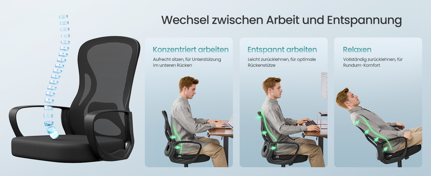 Офісне крісло SONGMICS OBN041B01, ергономічне, сітчасте, з регульованою підпоркою для спини та підголівником, для дому та офісу (Чорний)