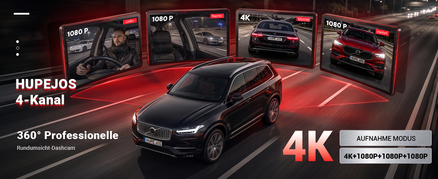 Автомобільний відеореєстратор HUPEJOS V9 4K з сенсорним екраном, 4-канальна камера 360 градусів для авто