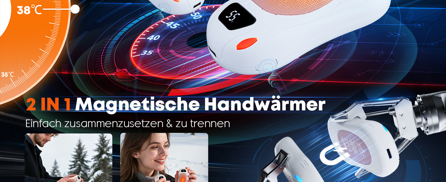 Електричні грілки для рук 2 шт. 12000 mAh з магнітним двостороннім нагріванням та цифровим індикатором температури та заряду батареї для відпочинку на природі/кемпінгу (Білий-Рожевий)