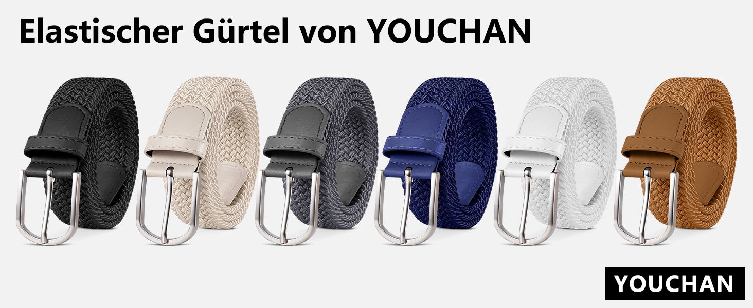 YOUCHAN 2 шт. ремені для жінок та чоловіків, еластичні плетені ремені, 3,3 см, еластичні ремені з регульованою довжиною, унісекс, чорний + бежевий