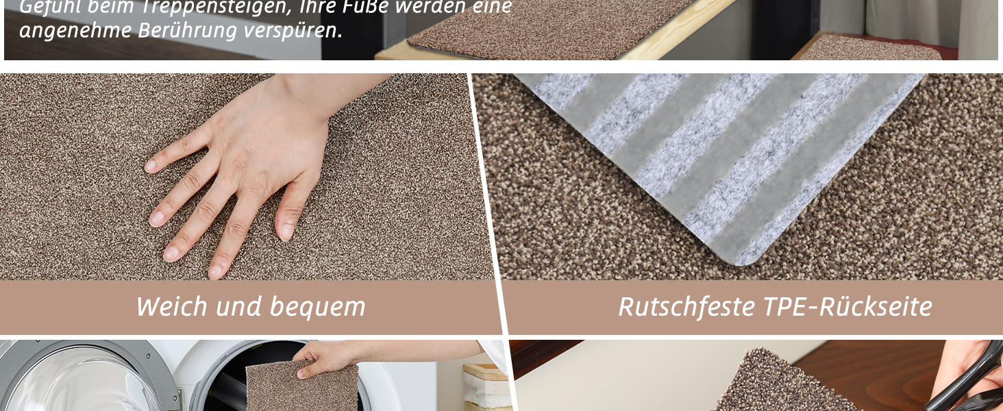 Компактні килимки для сходів COSY HOMEER, 15 шт., 70x22 см, самоклеючі, машинне прання, 100% поліестер, TPE-підкладка, безпека для дітей та домашніх тварин, бежевий колір