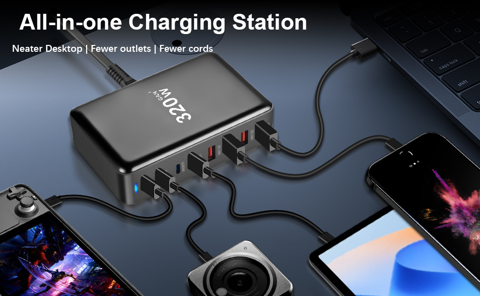 Зарядний пристрій USB C 320W, 8 портів: швидка зарядка USB-A та USB-C, PD PPS 100W для MacBook, iPad, Samsung