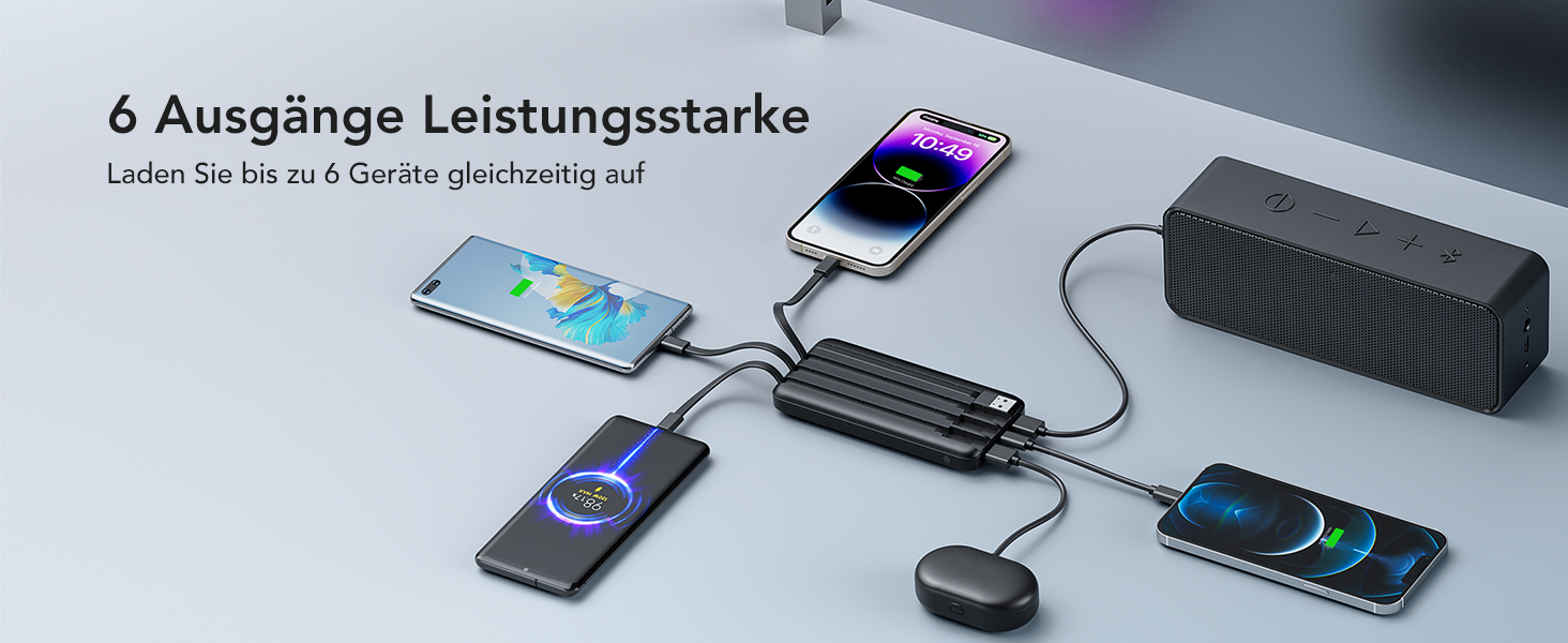 Power Bank Charmast 10000mAh з 6 виходами, USB-C, LED-дисплеєм, 4 кабелями, чорний